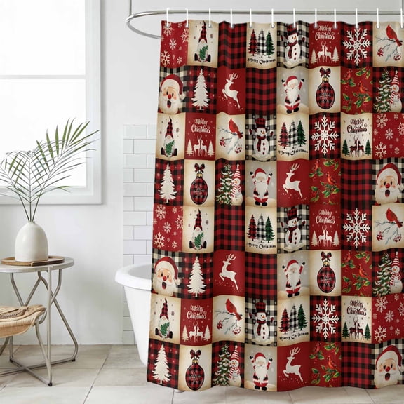 Bathroom Shower Curtain Christmas Santa Claus Xmas Tree Waterproof Shower Curtains with Hooks, Winter Snow Elk Retro Red Plaid Bath Curtains Bathtub Curtain 36x72in