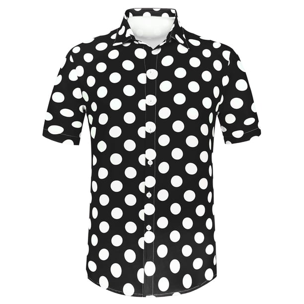 INSPIRE CHIC Camisa de lunares de verano para hombre, camisas hawaianas con patrón de manga corta y botones Negro XL