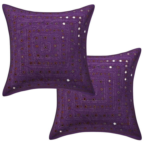 Stylo Culture Indian Couch Throw Pillow Covers 16 x 16 Embroidered Mirror Lace Purple Bohemian 40 x 40 cm Living Room Cotton Geometric Square Cushion Covers | Set Of 2