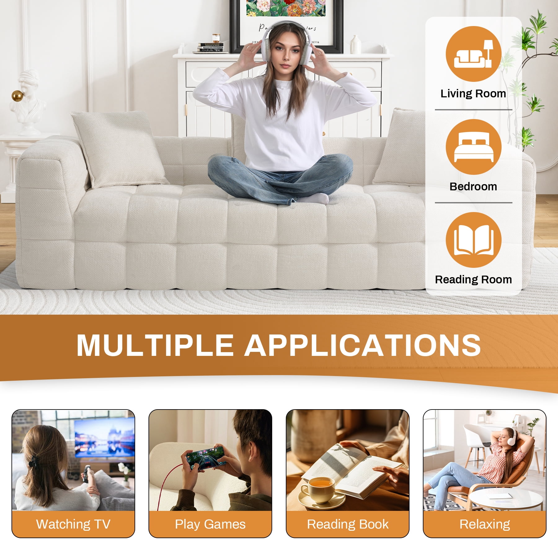 Wiilayok 89.8" Cloud Sofa Couch,Chenille 3 Seater Deep Seat Sofa Couch,No Assembly Required,Beige