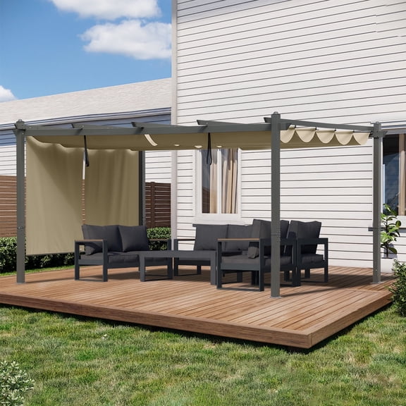 BPS 10' x 10' Outdoor Retractable Pergola with Canopy & 4 Roller Shades, Aluminum Patio Gazebo Shelter, Brown