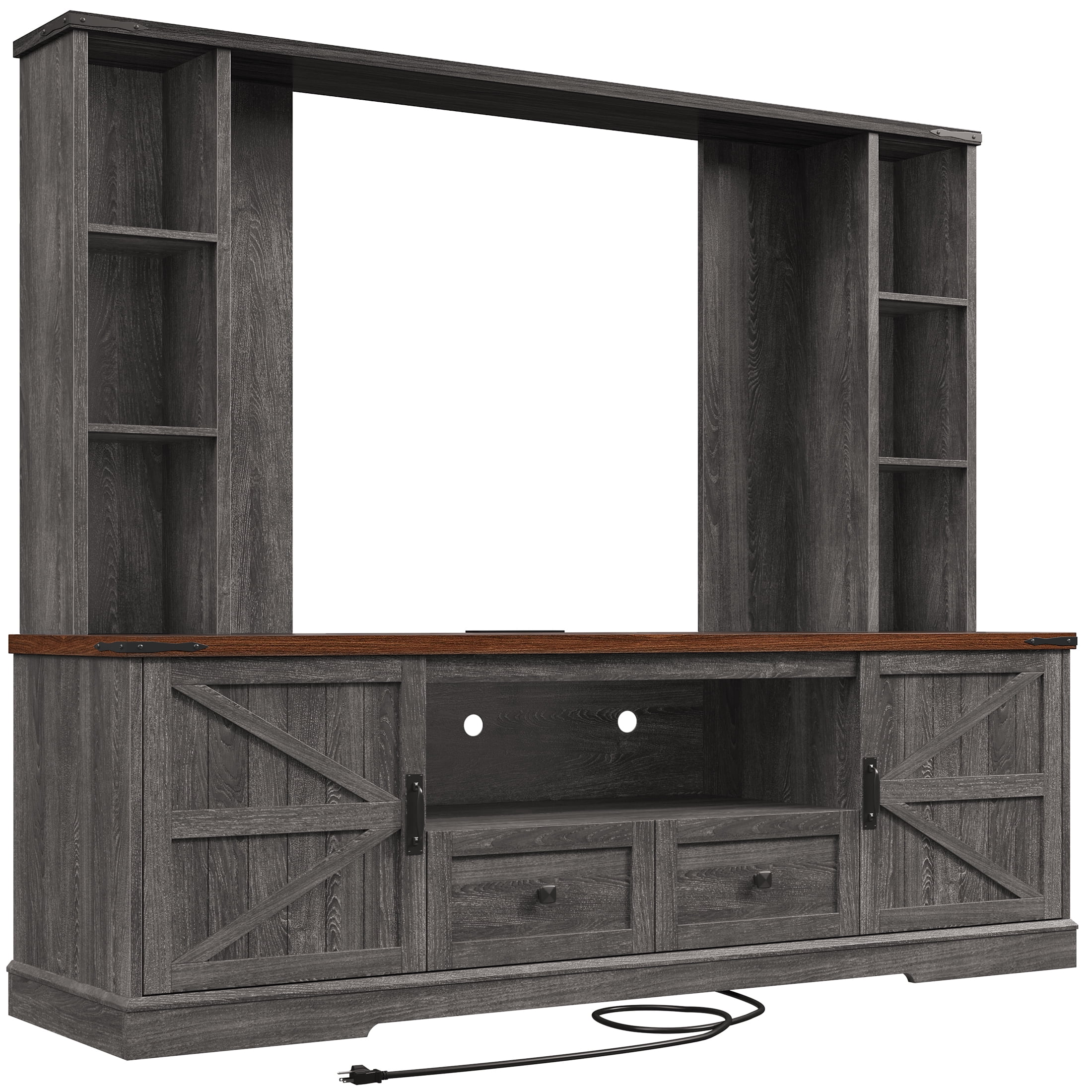 EnHomee Entertainment Center with LED Lights and Power Outlets, Large Farmhouse TV Stand for up to 60" TVs with Storage, Grey