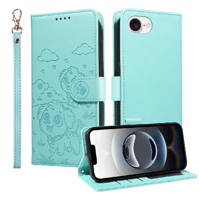 Funda Cartera GANGXUN con Diseño de Perrito en Relieve para iPhone 16e , Protección 360° con Ranuras y Correa Desmontable