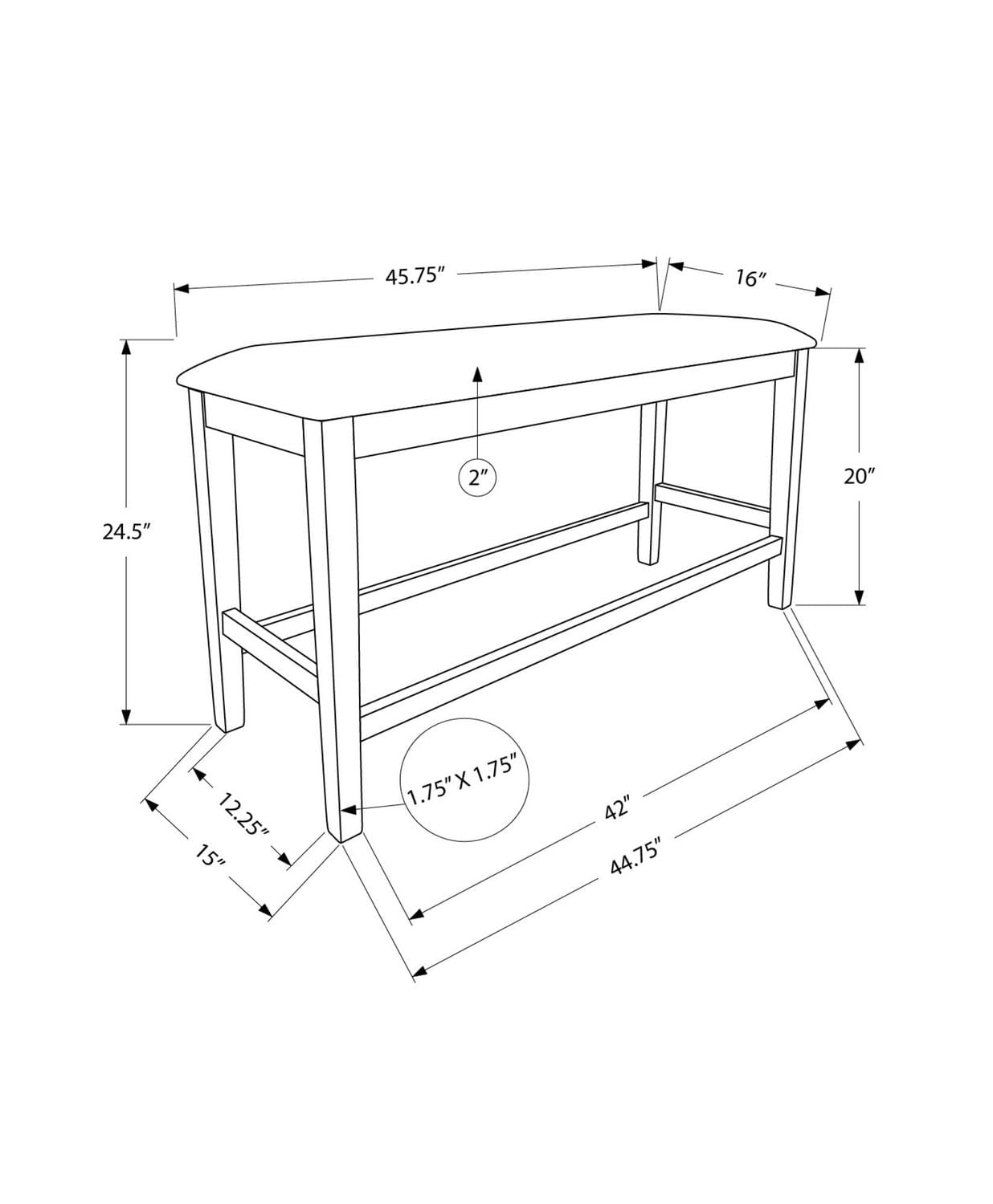 Monarch Specialties Banc, 42" Rectangulaire, Salle À Manger, Cuisine, Rembourré, Bois, Transitionnel