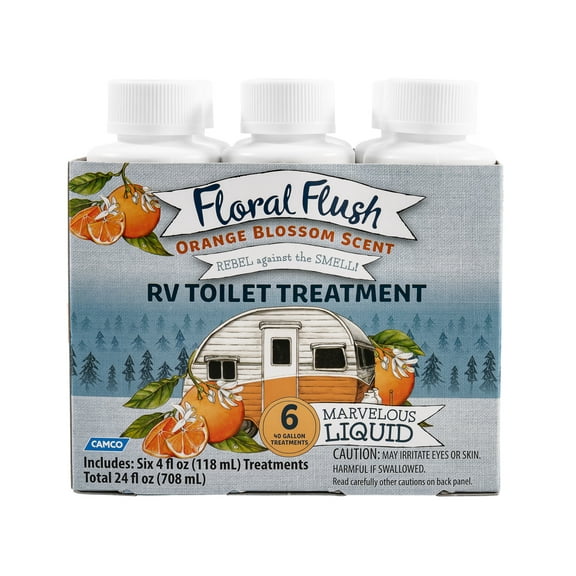Camco Floral Flush RV Toilet Treatment | Requires No Mixing or Measuring | (6) 4 oz. Bottles, Orange Blossom Scent (41481)