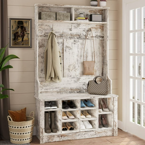White Hall Tree with Storage Bench, Shoe Rack for Entryway, Vintage