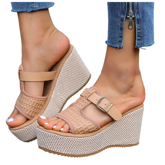 Platform Espadrilles for Women Peep Toe Slip on Slides Woven Braided T-Strap Wedge Sandals Backless High Heels Casual Summer Footwear Brown Size 6