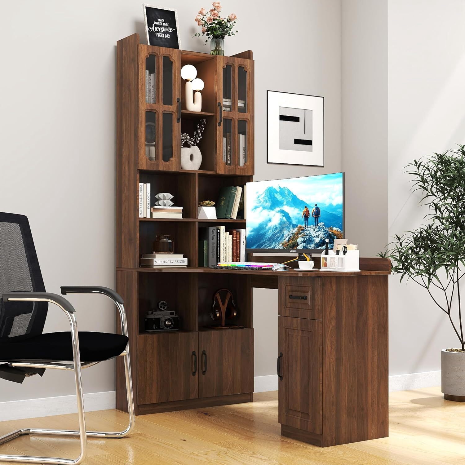 Modern L-Shaped Desk with Hutch & Bookshelf, Corner Home Office Desk with Drawers, 2-in-1 Design for Study, Executive Desk with Large Work Space, Ideal for Home Office & Study Room, Walnut