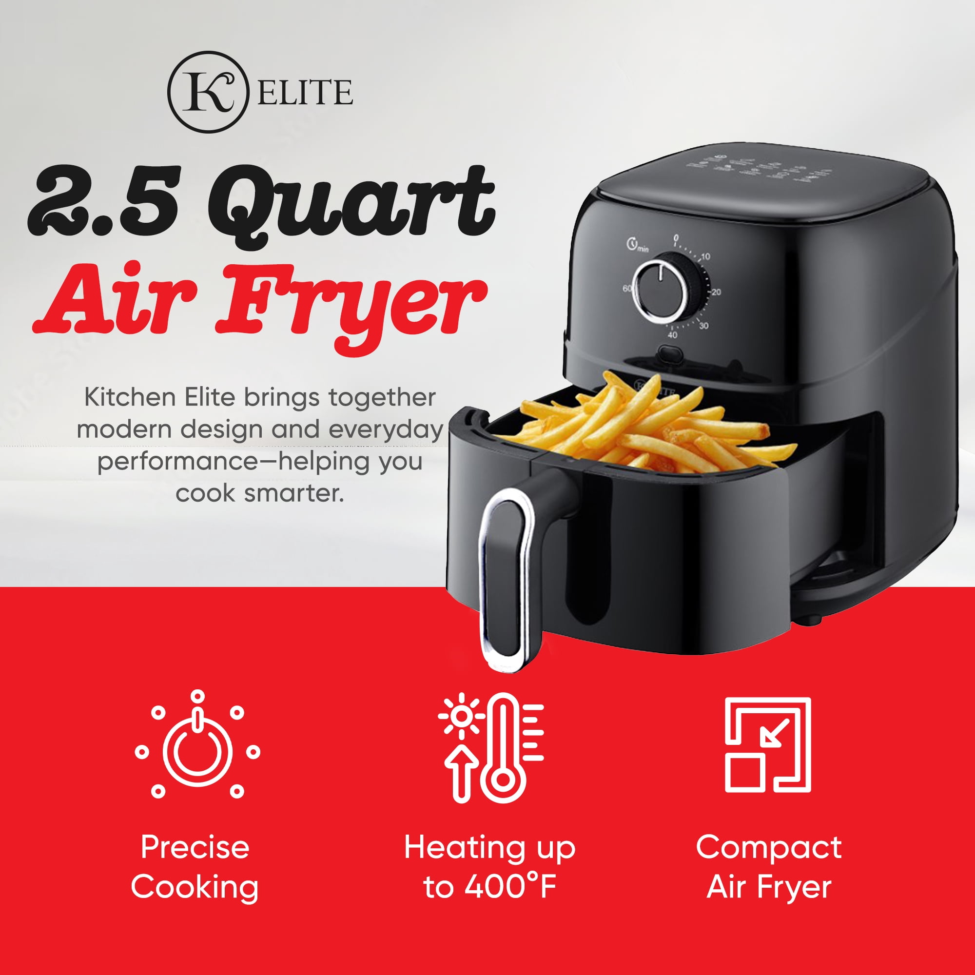 Kitchen Elite 2.5 Qt. Compact Mechanical Air Fryer, 30 Min Timer, Countertop Cooker, Black
