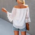 thumbnail image 3 of Women Off Shoulder Top 3/4 Bell Sleeves Loose Fit Elastic Neckline Lining Inside Summer Blouse Beige L, 3 of 8