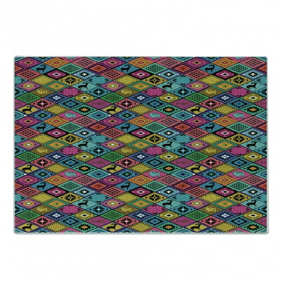Southwestern Cutting Board, Patchwork Style Pattern in Hand Drawn Style and Patterns Boho Hippie, Decorative Tempered Glass Cutting and Serving Board, Small Size, Multicolor, by Ambesonne