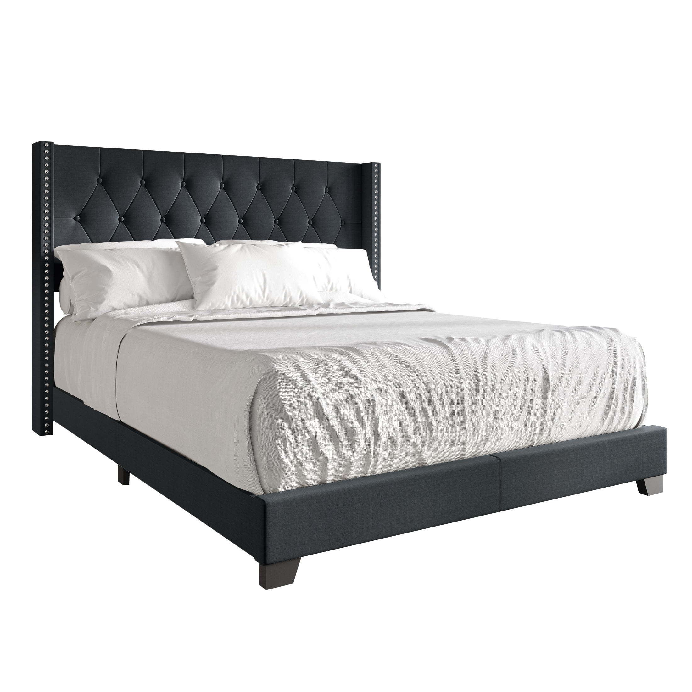 Castle Place Nailhead Trim Wingback Linen Upholstered Bed, Charcoal Grey, Twin