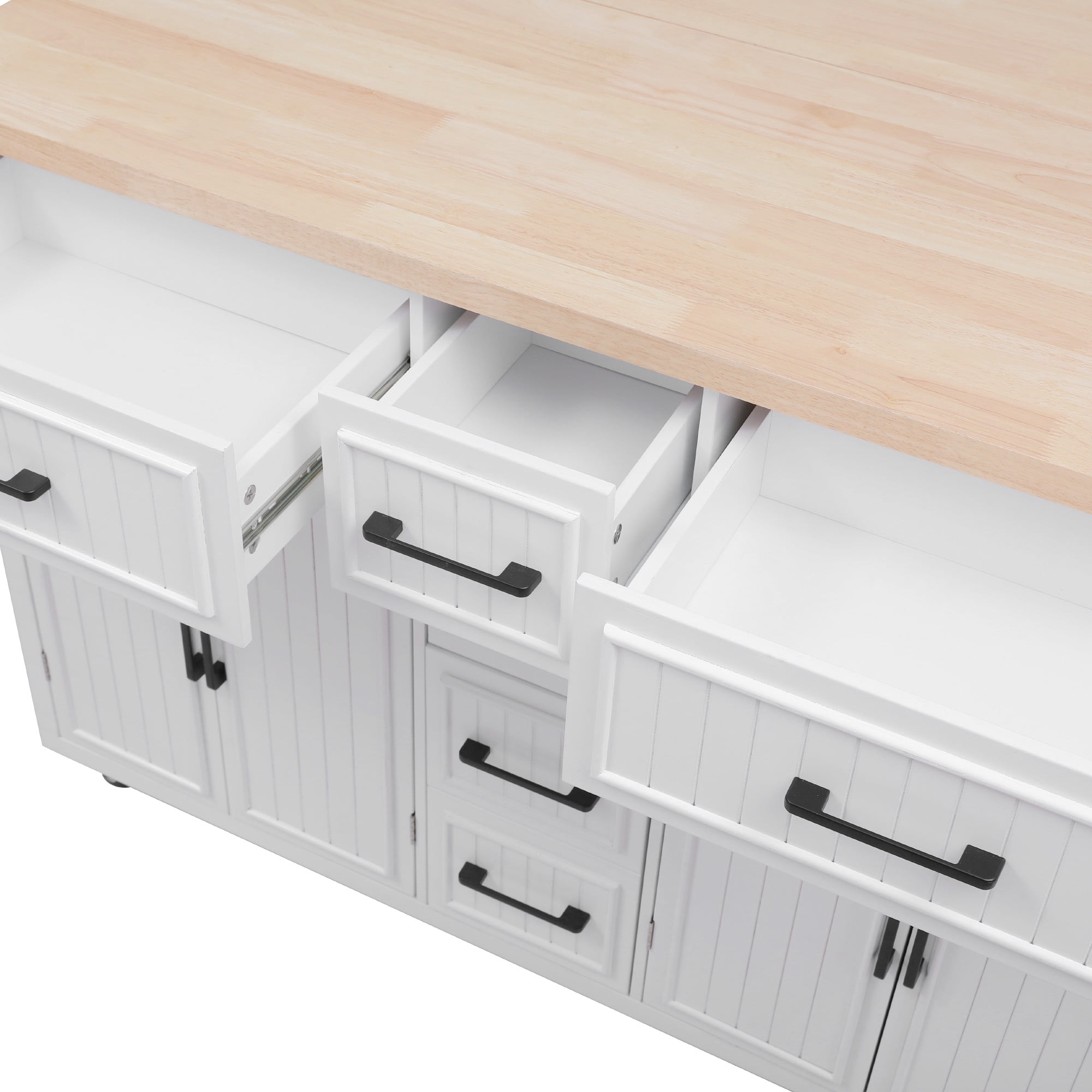 56.5'' Kitchen Island with Drop Leaf, Power Outlet, Embossed Vertical Stripe Rolling Kitchen Cart on Wheels with 4 Doors , 5 Deep Drawers and Adjustable Shelves, for Kitchen, Dining Room, White