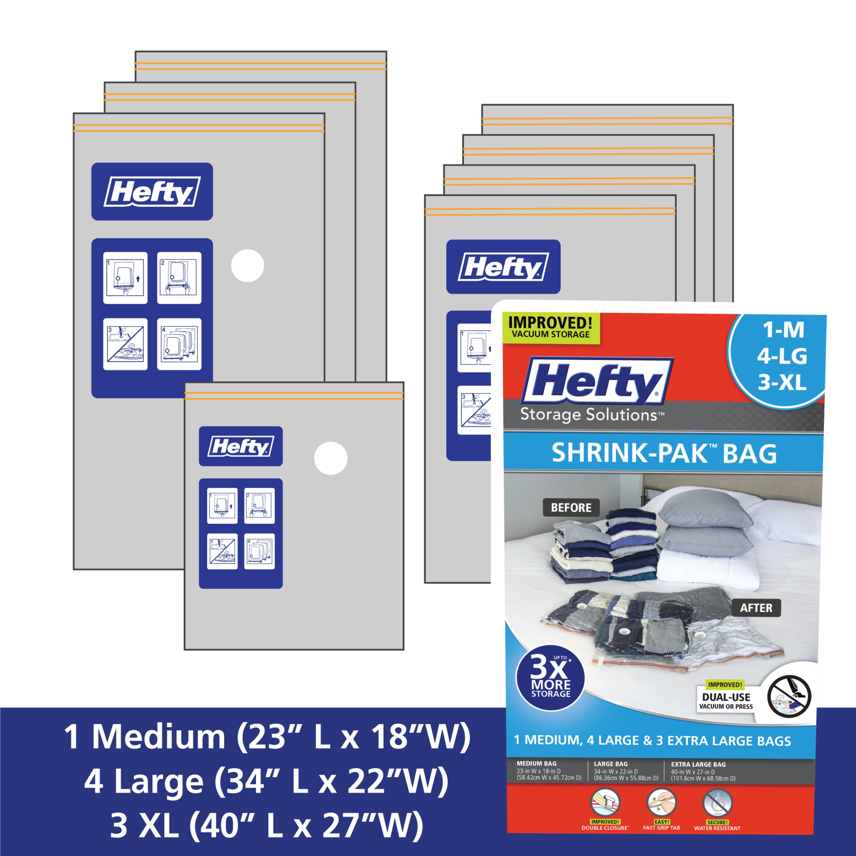 Hefty Shrink-Pak - 3 Large, 3 XL Vacuum Storage Bags for Storage for  Clothes, Pillows, Towels, or Blankets - Space Saver Vacuum Sealer Bags  Ideal