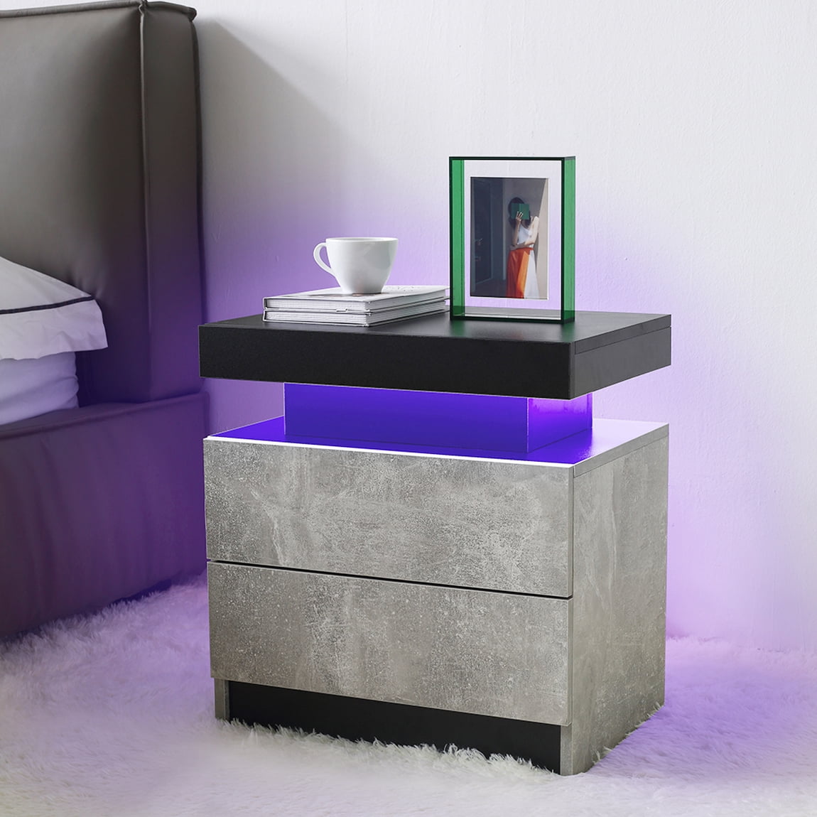 Leumius 2 Drawer Modern Nightstand with LED Light Small Bedside Tables End Side for Bedroom,Black+ Gray