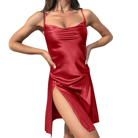 GHSOHS Robes for Women Night Lingerie Dress Nightgowns for Women Sexy Sexy Slit Suspender Dress Silk Nightdress Womens Home Halter Suspender Pajamas Sleepwear Sleepshirt Robe Nightgown