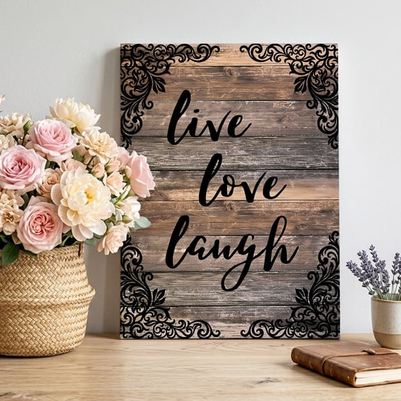 Live Love Laugh Canvas Wall Art Framed Wall Decor for Living Room Bedroom Bathroom, Vintage Floral Texture Brown Black Wood Grain Canvas Pictures Ready to Hang Decor, 16"x24"