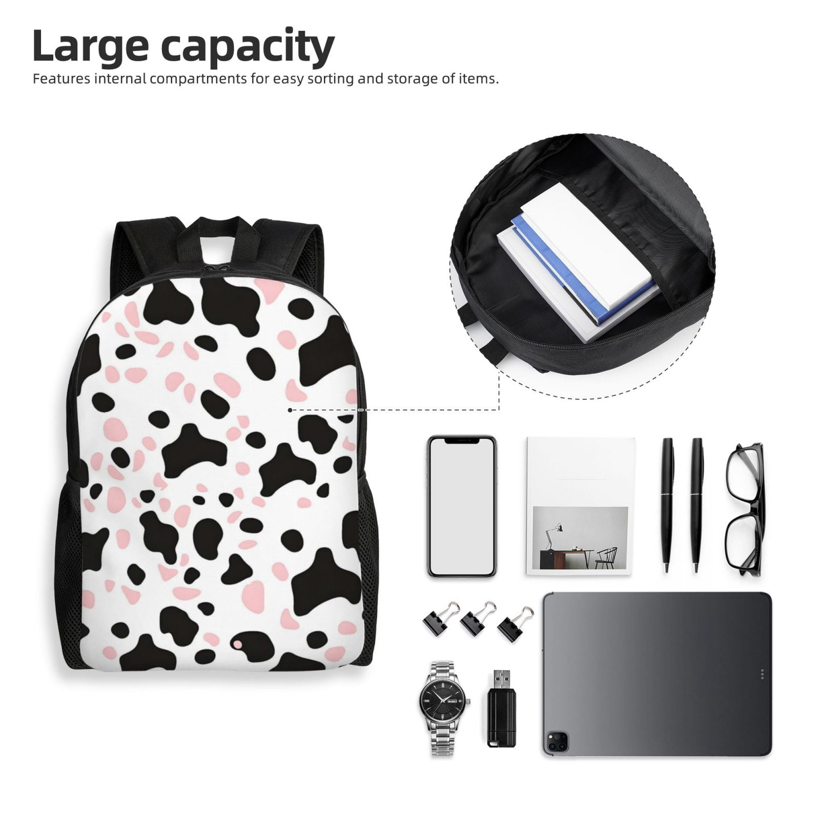 Single Side Full Backpack 16.1×11.8×4.5in Large Capacity Breathable Shoulder Belt Leisure Simple And Strong Bearing Capacity Simple Cow Print Pattern White Background, Pink And White_1