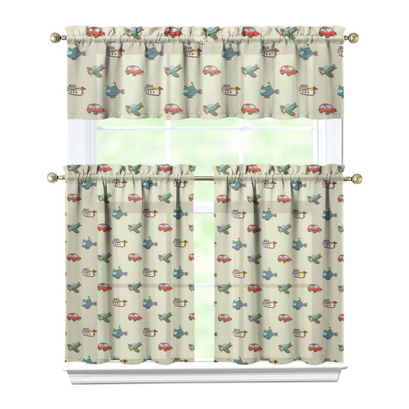 3-Piece Cartoon Car Kitchen Window Curtain Set, Construction Truck Excavator Fire Truck Tier and Valance Set for Nursery, Light Filtering Rod Pocket Curtains for Boys Room