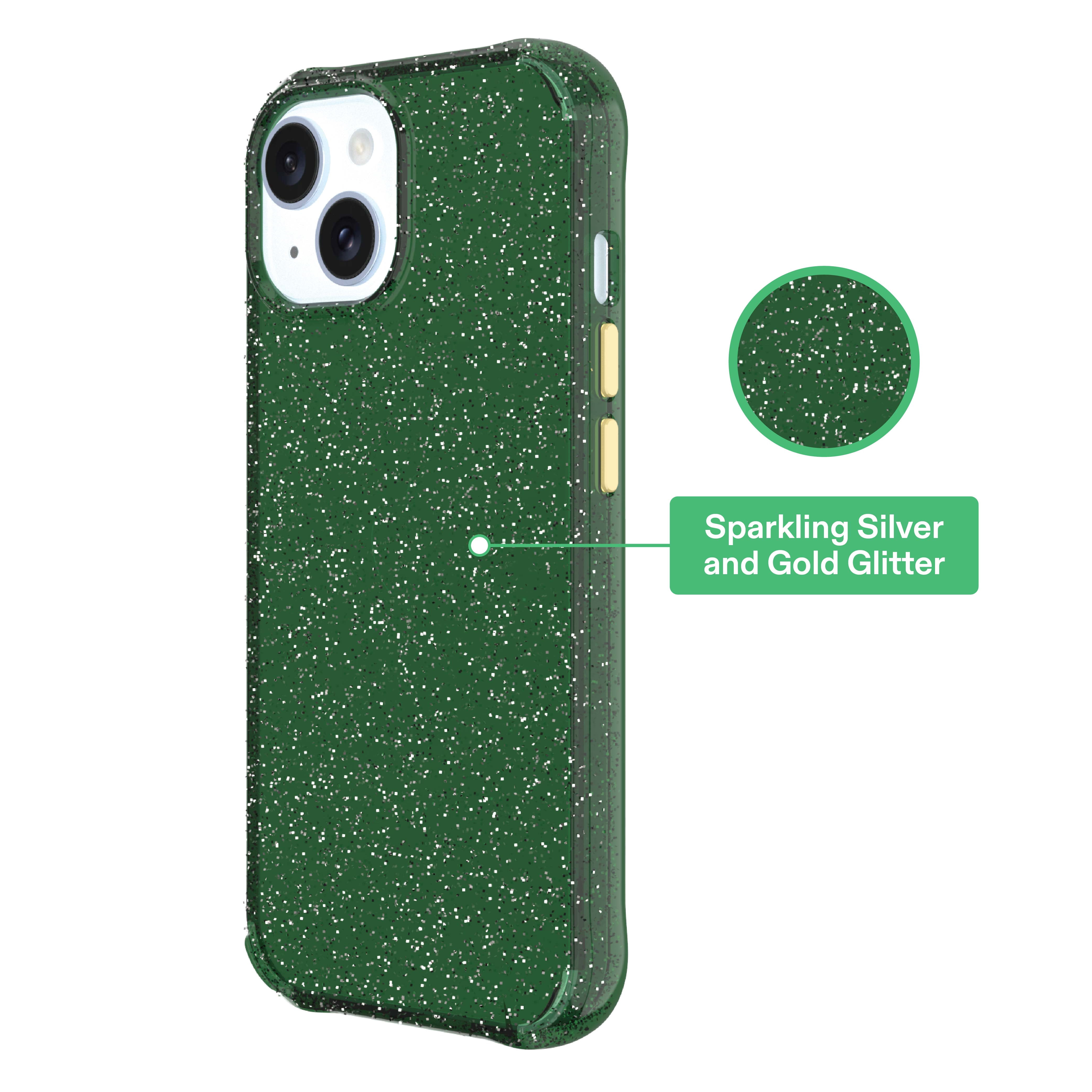 onn Sparkle Phone Case for iPhone 17e / iPhone 16e / iPhone 15 / iPhone 14 / iPhone 13 - Green with Gold Glitter