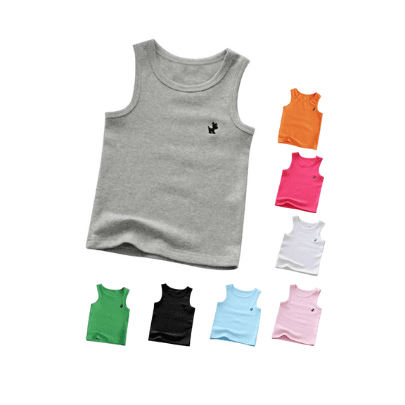 Ahuyic Summer Kids' Casual All Match Blouse, Solid Color Loose Sleeveless Top For Girls And Boys,Middle Large Aged Kids Pure Cotton Small Printed T-Shaped Round Neck Tank Top