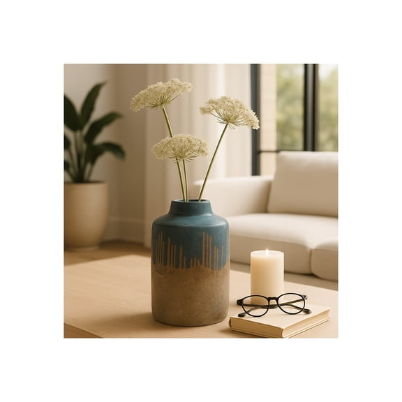 Two Tone Terracotta Vase for Living Room Decor - Decorative Home Accents for Bedroom Nightstand, Office Desk, or Console Table - Casual Flower Vase for House Display - 12", Blue & Ivory