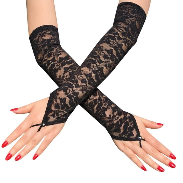Guantes largos de encaje para mujer, sin dedos, hasta el codo, para fiesta, talla adulta, color negro.