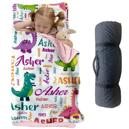 AOLOA Personalized Toddler Nap Mat With Blanket for Preschool Custom Name Nap Mat Dinosaur Theme Sleep Mat for Kindergarten Girls.(Cushions + Pillows22.5 x55 +Blanket size: 33.5 x 45 )