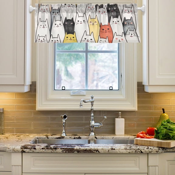 Cats with White Curtain Valances Farmhouse Design Window Treatment Decor Blackout Rod Pocket for Windows Living Room Kitchen 54" x 18"