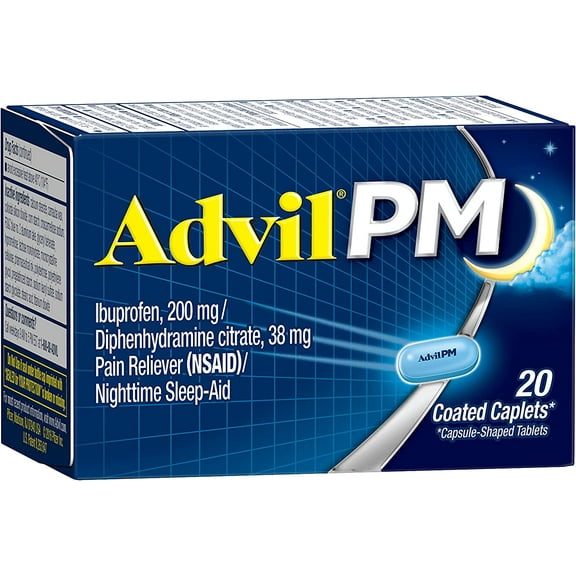 Advil PM Pain Reliever/Nighttime Sleep Aid, Ibuprofen and Diphenhydramine 20-Count Coated Caplets