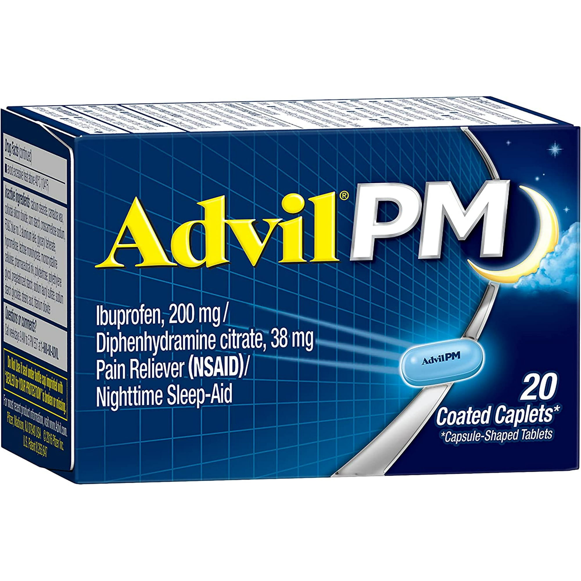 Advil PM Pain Reliever/Nighttime Sleep Aid, Ibuprofen and Diphenhydramine 20-Count Coated Caplets