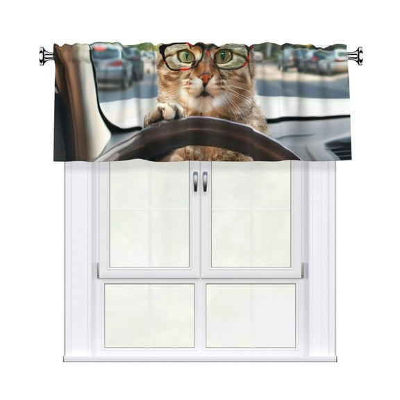 Valances for Windows Kitchen Curtains Small Treatments Valance, Cat Driving 42x12 inch