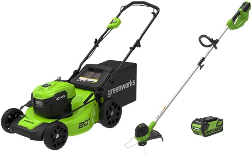 Greenworks 40V 20" Brushless Lawn Mower & 40V 12" String Trimmer, 4.0Ah Battery and Charger Included