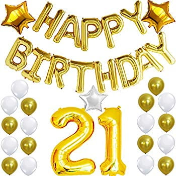 21st Birthday Decorations Party Kit Happy Birthday Balloon Banner Number 21 Balloon Mylar Foil Gold White Latex Ballon Perfect 21 Year Old Party Supplies Free Printable Bday Checklist Walmart Com
