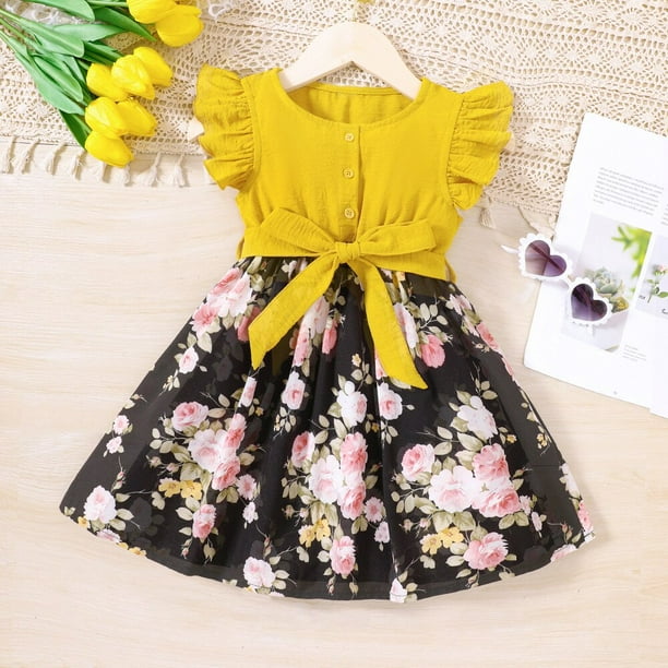 Vestido de princesa de verano para niñas pequeñas con cinturón de 1 a 6 años, estampado de flores, sin mangas, hasta la rodilla, vestido acampanado, vestido veraniego para niños, ropa 120 (5T) Gao Jinjia LED