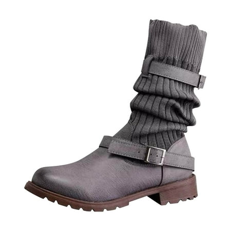 

Yoslce Mid Calf Boots for Women Autumn Winter Women Square Heel Low Heel Mid Tube Belt Buckle Sock Boots Gray 40