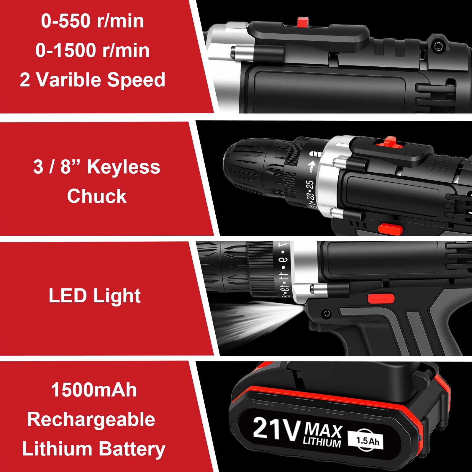 21V Cordless Drill Set with 2 Batteries, 3/8" Keyless Chuck, Multi-Functional Electric Power Drill Kit, Portable, 2 Variable Speed & LED Light, Black