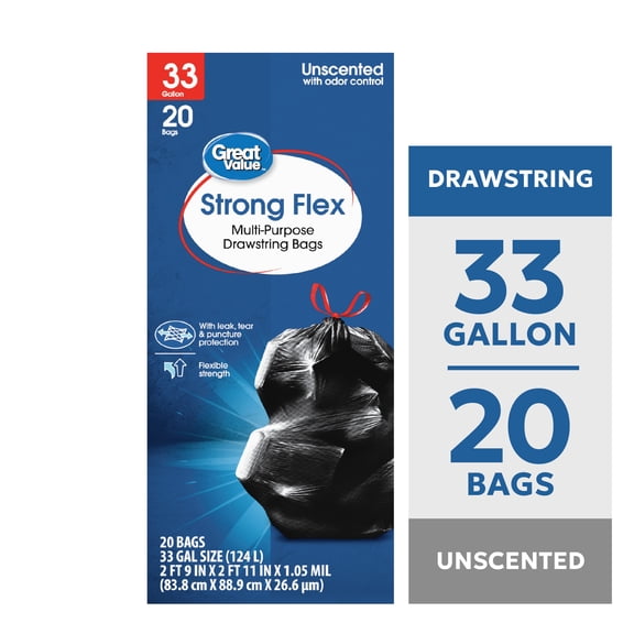 Great Value 33 Gallon Strong Flex Multi-Purpose Drawstring Bags, 20 Bags