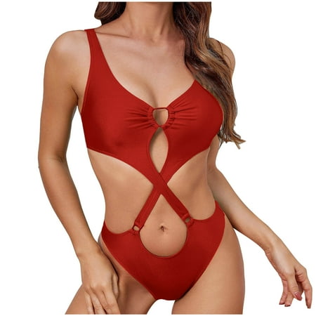 TrendVibe365 One Piece Thong Swimsuit Women Red Built in Bra Solid Swimwear Beachwear L