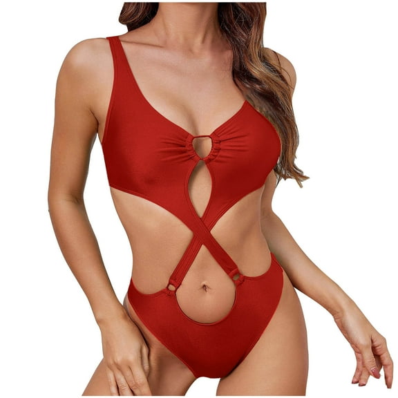 Women's One Piece Swimsuit Plunge Neckline Cutout Criss Cross Bathing Suit Red,XL