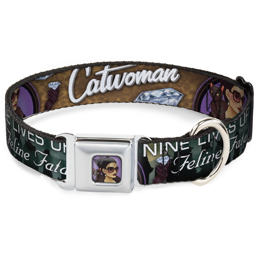 DC Comics Pet Collar, Dog Collar Metal Seatbelt Buckle, Catwoman Nine Lives of A Feline Fatale Bombshell Pose Diamond, 9.5 to 13 Inches 1.0 Inch Wide