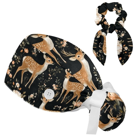 RATGDN Floral Deer Tie Scrub Cap for Women Men, Nursing Hats with Buttons and Sweatband, Adjustable Elastic Working Caps Surgical Cap with Hair Bow - One Size Fits All