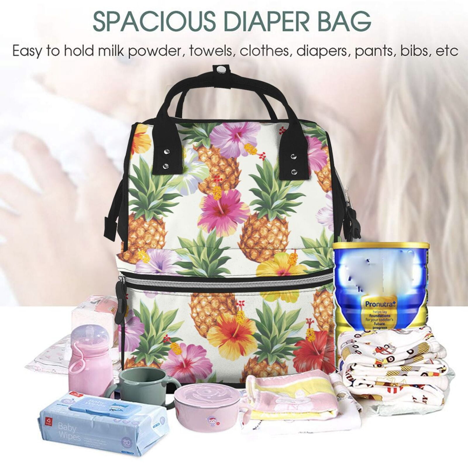 Fuzoiu Hawaiian Pineappl Print Diaper Bag Backpack,Baby Essentials Travel Tote,Multi function Waterproof Diaper Bag, Travel Essentials Baby Bag - Unisex