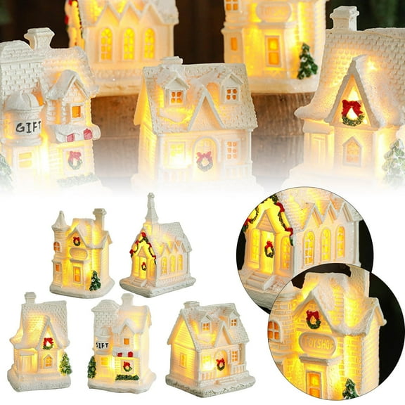 Christmas Gifts for Women & Kids, Christmas Snow Cottage Ornament with LED White Glowing Design, Resin Material, Christmas Decorations Indoor for Home, Desktop, Mantles, Shelve, Staircase, 1PC