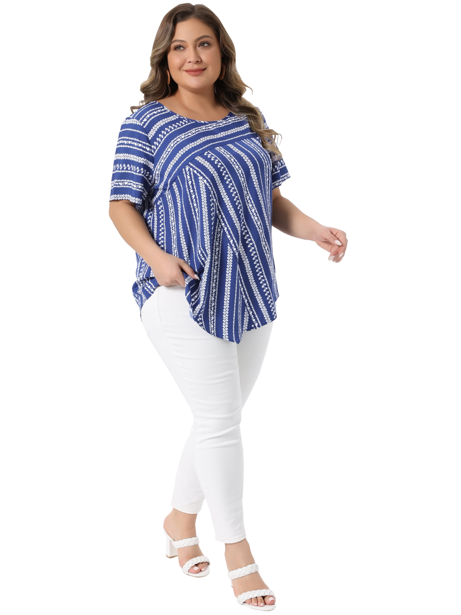 DARING DIVA Women's Plus Crew Neck Short Sleeve Boho Striped Blouse Top 2X Dark Blue