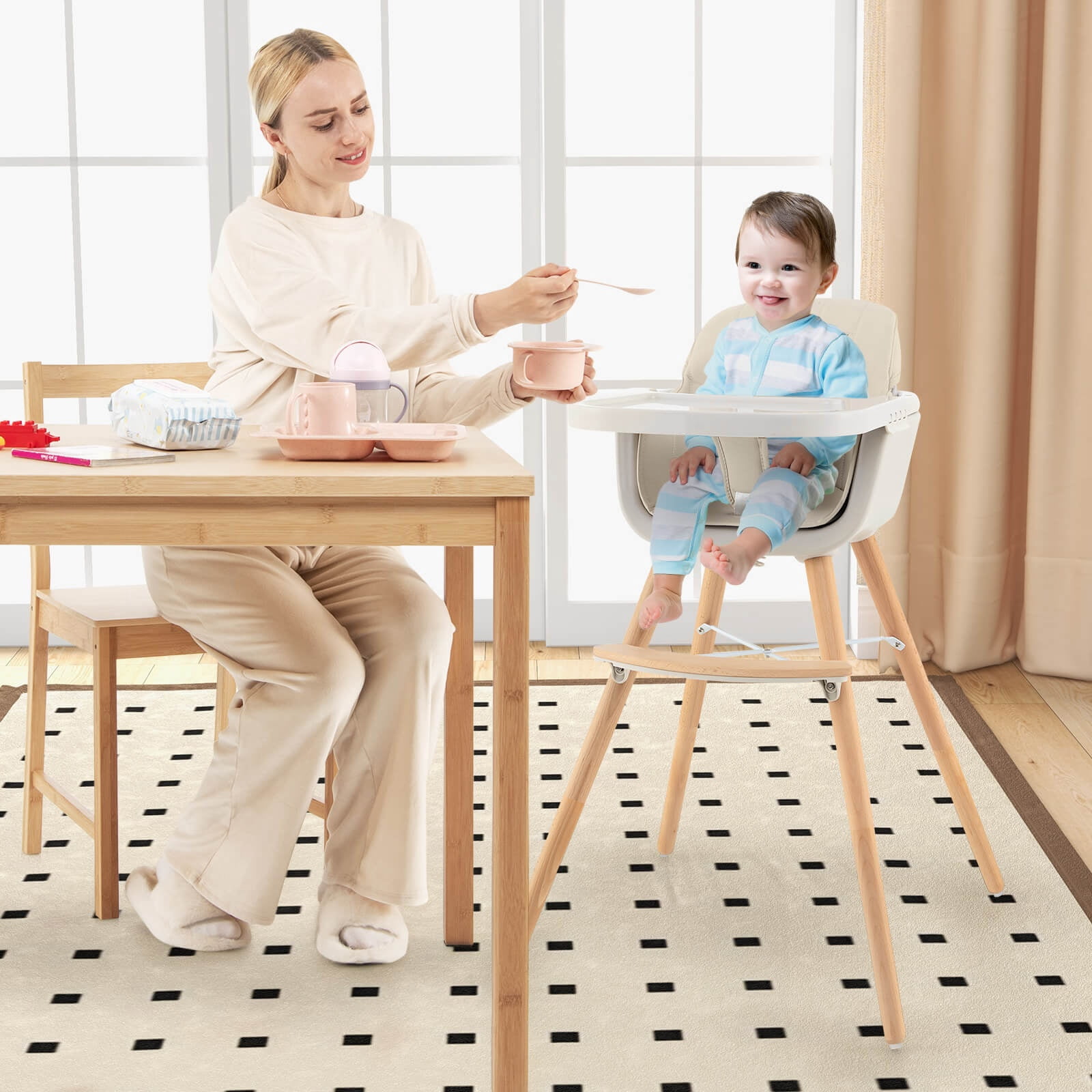 Infans 3 in 1 Convertible Wooden High Chair Baby Toddler w/ Cushion Beige