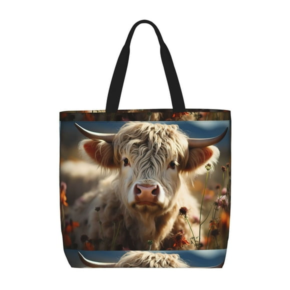 Sikiie Adorable Flower Field Cow Print Single Shoulder Bag, Large Capacity Zipper Handbag, Waterproof Shopping Bag, School and Work Shoulder Bag