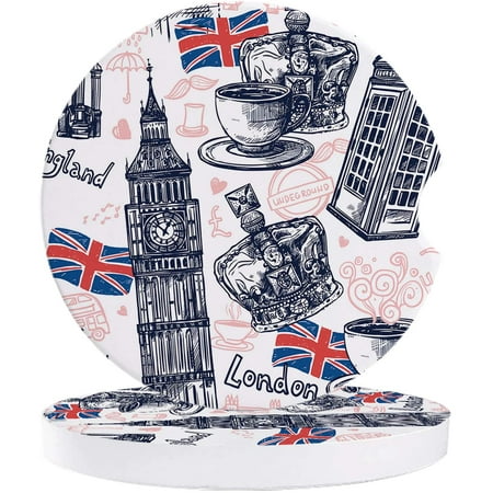 

KXMDXA England Flag London Big Ben Telephone Booth White Set of 6 Car Coaster for Drinks Absorbent Ceramic Stone Coasters Cup Mat with Cork Base for Home Kitchen Room Coffee Table Bar Decor