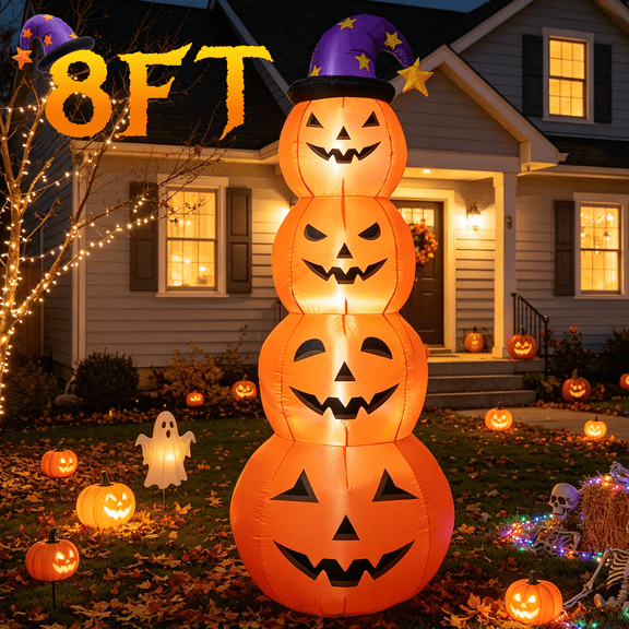 8 FT Halloween Inflatables Outdoor Decorations, Blow Up Yard Decorations Inflatable Pumpkins with Witch Hat with Build-in LEDs, Stacked Pumpkins Blow Ups for Yard, Halloween Decor