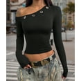 thumbnail image 4 of Women Long Sleeve Shirts Rib Knit Slim Fit Tops Off-Shoulder Tee Fall Outfits Casual T-Shirt Layer Clothes Black M, 4 of 9